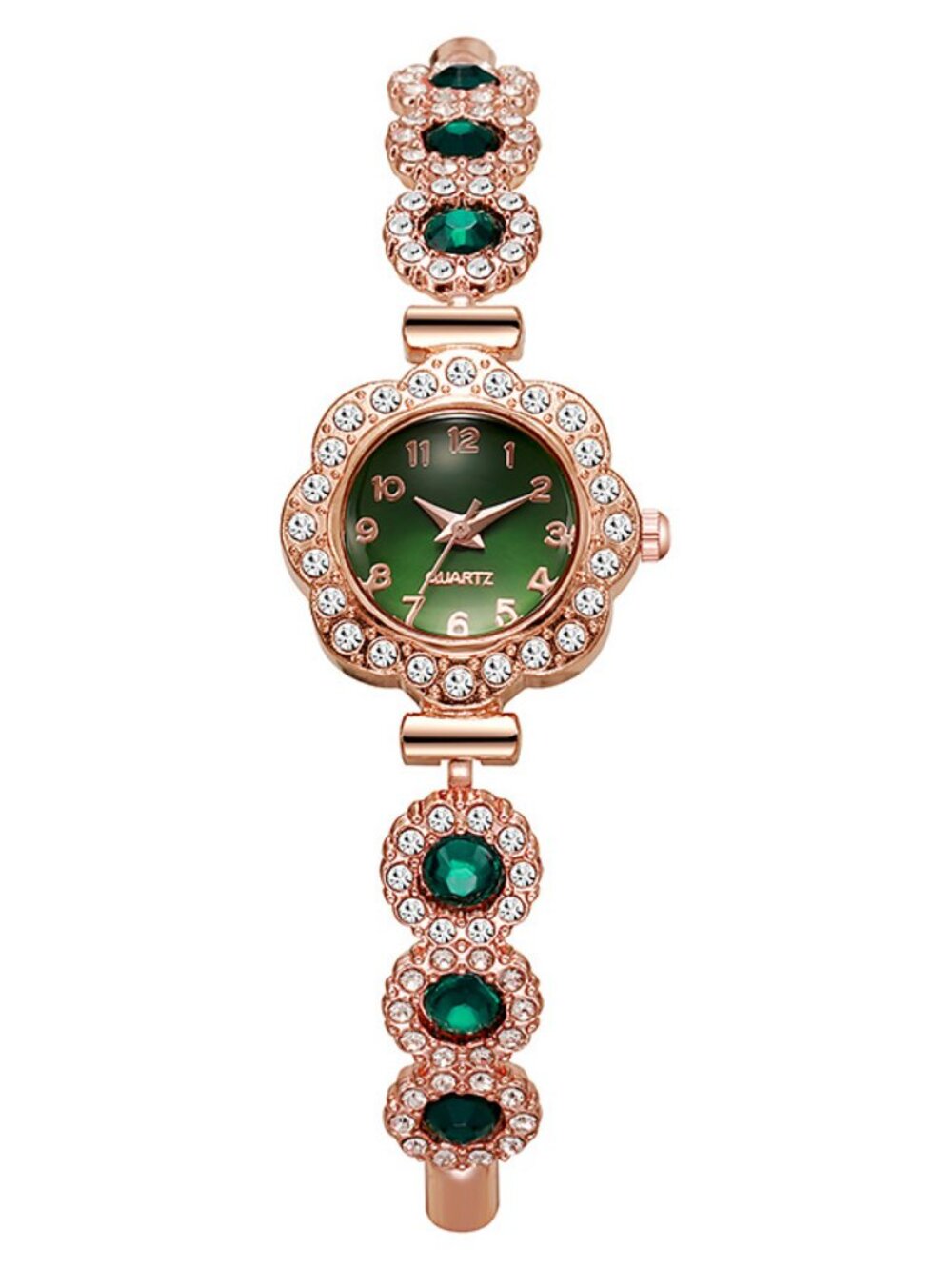Rose Gold Emerald Rhinestone Floral Ladies Bracelet Watch